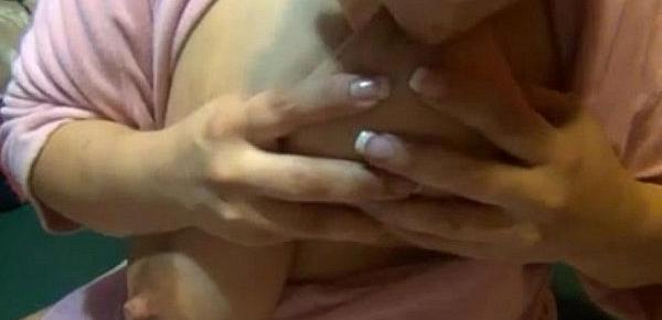  Lactating Mom Pink Bathrobe Sucks On Her Huge Milky Tits